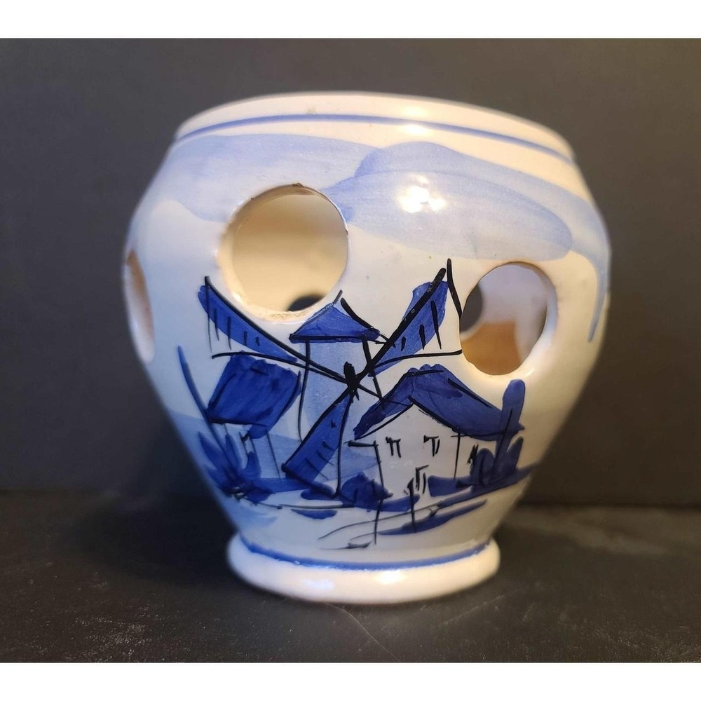 Vintage Italian Ceramic Windmill Pot Planter Blue White Hand Painted Delftware